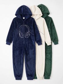 男童刺繡耳機圖案法蘭絨連身家居服，保暖舒適面料，適合秋冬居家休閒、假日派對與家庭穿搭 - 藏蓝色 - 查看 1