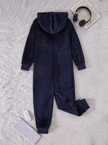 男童刺繡耳機圖案法蘭絨連身家居服，保暖舒適面料，適合秋冬居家休閒、假日派對與家庭穿搭 - 藏蓝色 - 查看 2