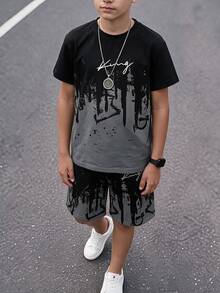 2pcs Teen Boys T-Shirt Set, Letter Print, Black & Gray Colorblock Street Fashion Short Sleeve & Shorts 2-Piece Set - Multicolor - View 5