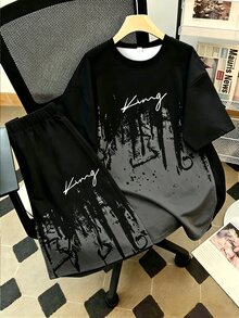 2pcs Teen Boys T-Shirt Set, Letter Print, Black & Gray Colorblock Street Fashion Short Sleeve & Shorts 2-Piece Set - Multicolor - View 3