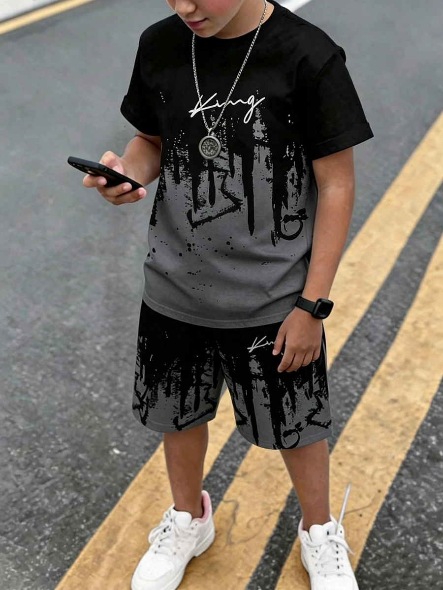 2pcs Teen Boys T-Shirt Set, Letter Print, Black & Gray Colorblock Street Fashion Short Sleeve & Shorts 2-Piece Set
