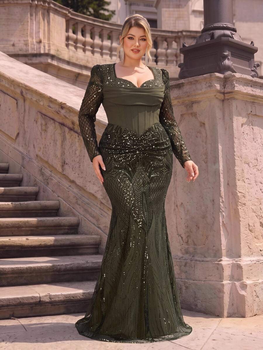 Glamrae Plus Size Army Green Luxury Beaded Sequin Patchwork Elastic Fabric Elegant Mermaid Tail Heavy Work Evening Gown - Army Green - View 1