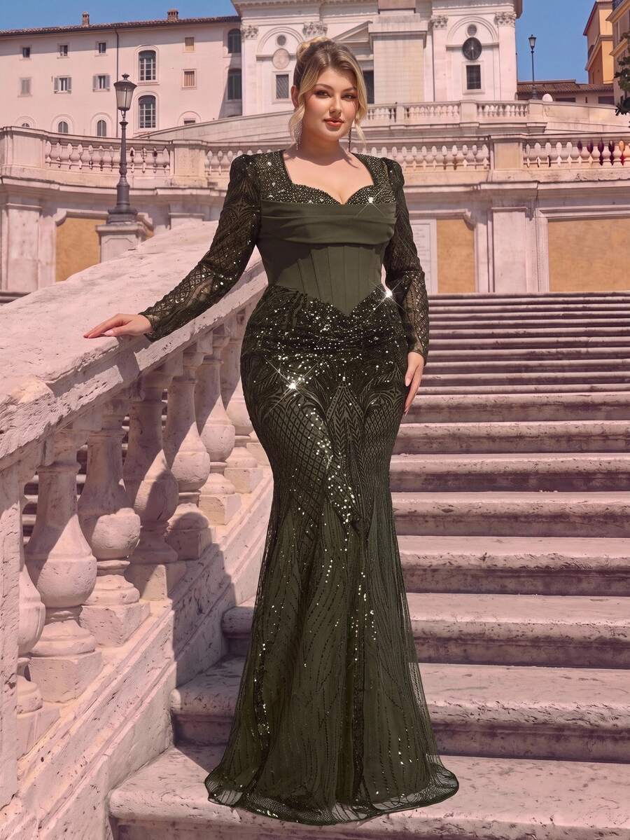 Glamrae فستان سهرة فاخر بحجم كبير باللون الأخضر العسكري مع تطريز خرز وترتر وتصميم رقعات من قماش مطاطي أنيق بذيل حورية البحر مع عمل ثقيل - أخضر عسكري - مشاهدة 1