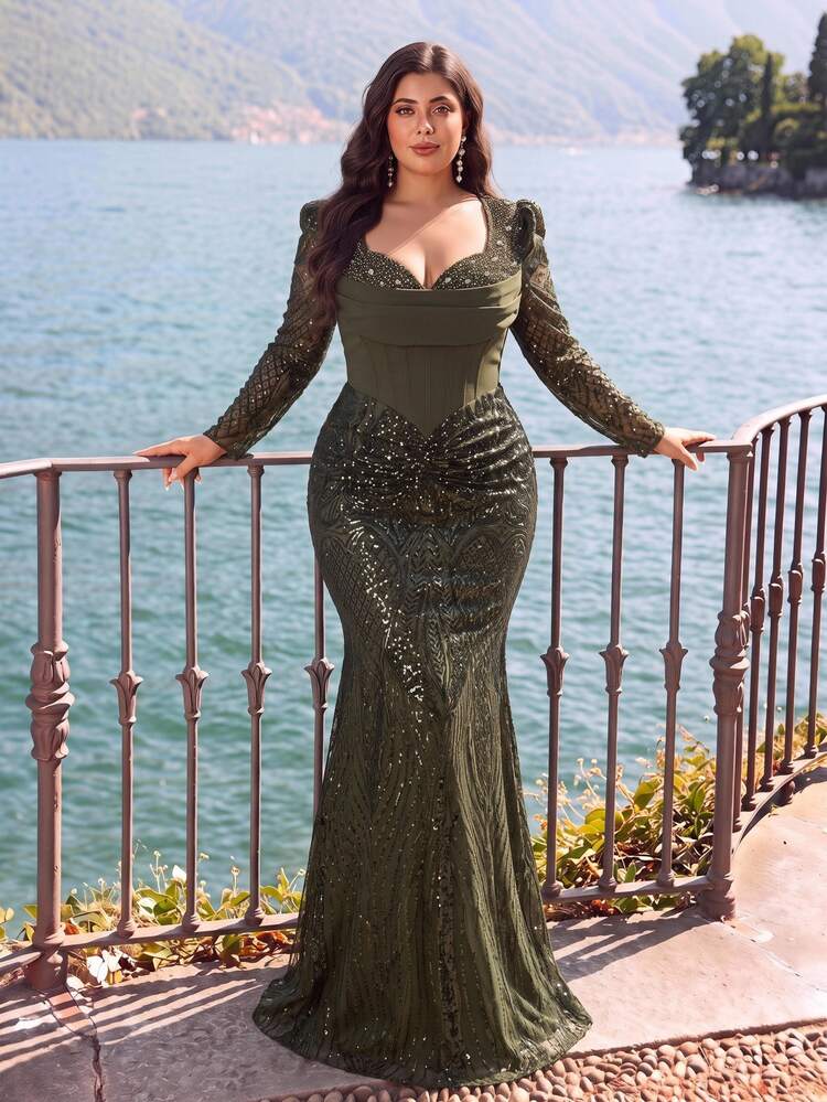Glamrae Plus Size Army Green Luxury Beaded Sequin Patchwork Elastic Fabric Elegant Mermaid Tail Heavy Work Evening Gown - Army Green - View 4