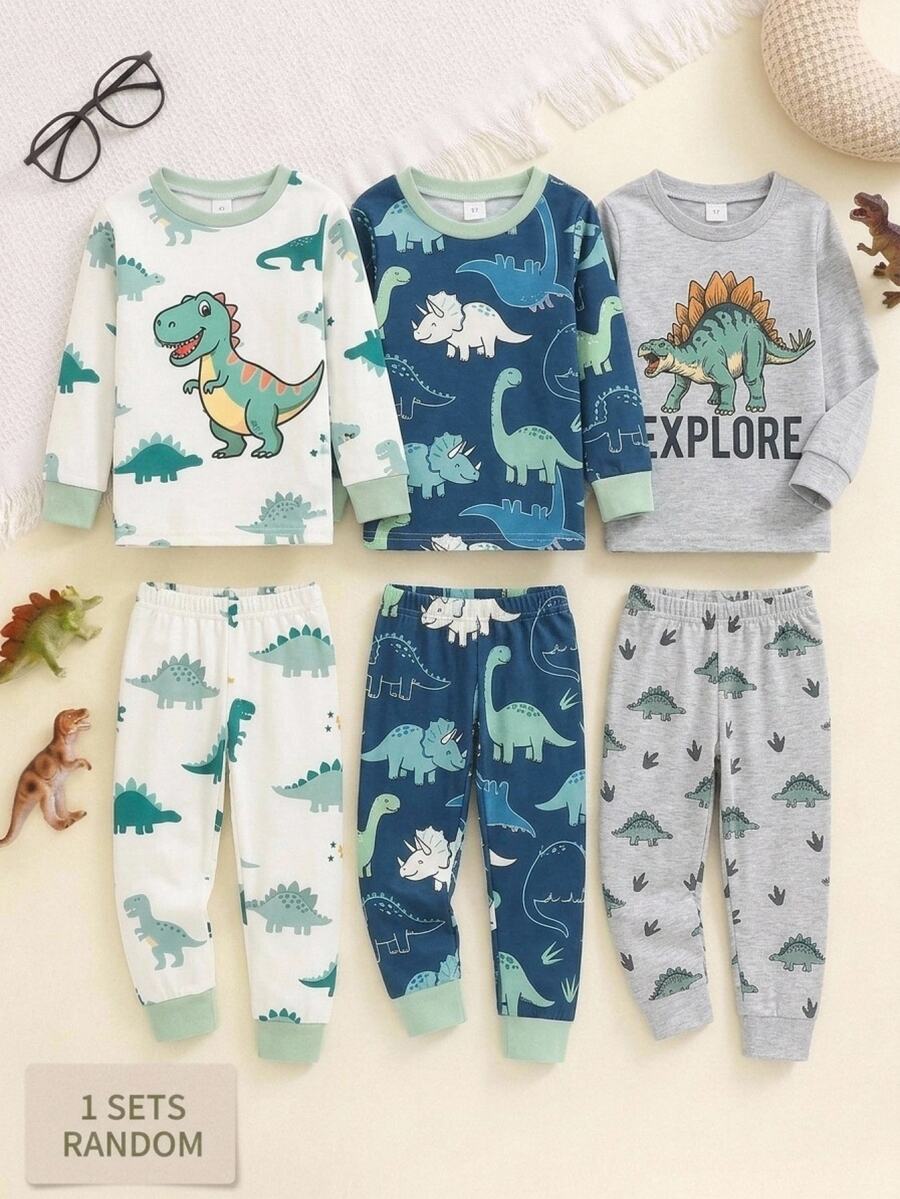 Boys' Cream Base With Fresh Green Dinosaur Print & Cute Tyrannosaurus & Stegosaurus Pattern, Full Of Childhood Charm & Soft Colors, Comfortable Loose Fit & Not Tight, Suitable For Daily Wear & Napping - Multicolor - View 1