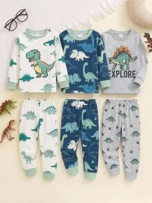 Boys' Cream Base With Fresh Green Dinosaur Print & Cute Tyrannosaurus & Stegosaurus Pattern, Full Of Childhood Charm & Soft Colors, Comfortable Loose Fit & Not Tight, Suitable For Daily Wear & Napping - Multicolor - View 6