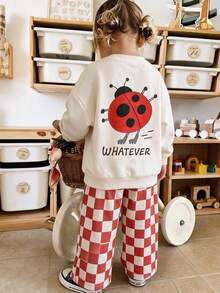 SHEIN Toddler Girl Sweatshirt Pants Beige Red And White Checkerboard Ribbed Cuff Long Sleeve Round Neck Regular Winter Y2K Outfit Family Matching - Red - View 1