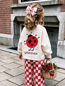 SHEIN Toddler Girl Sweatshirt Pants Beige Red And White Checkerboard Ribbed Cuff Long Sleeve Round Neck Regular Winter Y2K Outfit Family Matching - Red - View 3