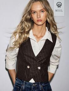ATUI Studio European & American Vintage Office Style Brown Pinstripe V-Neck Suit Vest, British Academy Style Sleeveless Top - Brown - View 2