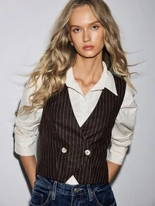 ATUI Studio European & American Vintage Office Style Brown Pinstripe V-Neck Suit Vest, British Academy Style Sleeveless Top - Brown - View 9