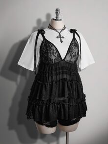 SHEIN ICON 大码女士性感黑色蕾丝衬衫 - 黑色 - 查看 4