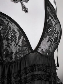 SHEIN ICON 大码女士性感黑色蕾丝衬衫 - 黑色 - 查看 8
