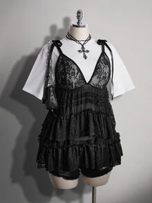 SHEIN ICON 大码女士性感黑色蕾丝衬衫 - 黑色 - 查看 2