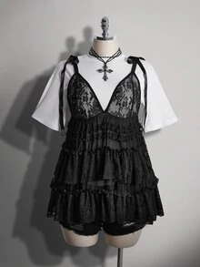 SHEIN ICON 大码女士性感黑色蕾丝衬衫 - 黑色 - 查看 9