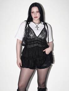 SHEIN ICON 大码女士性感黑色蕾丝衬衫 - 黑色 - 查看 1