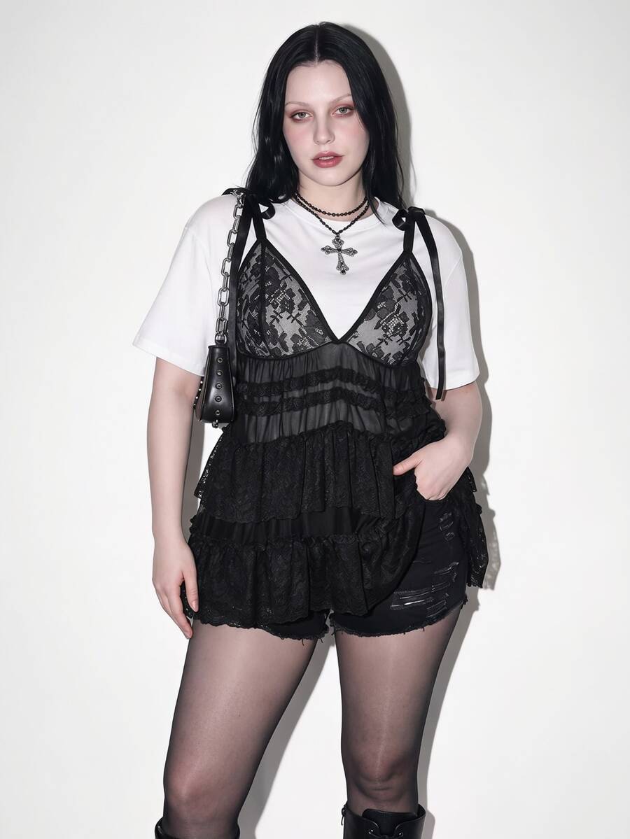 SHEIN ICON 大码女士性感黑色蕾丝衬衫 - 黑色 - 查看 1