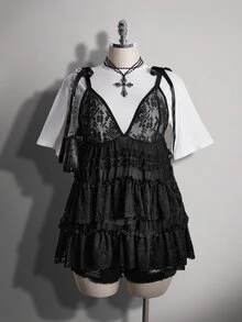 SHEIN ICON 大码女士性感黑色蕾丝衬衫 - 黑色 - 查看 10