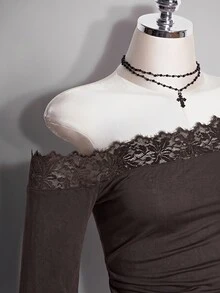 SHEIN ICON 女款大尺碼蕾絲拼接不對稱肩長袖T恤 秋季 - 咖啡棕 - 查看 6