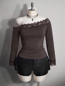 SHEIN ICON 女款大尺碼蕾絲拼接不對稱肩長袖T恤 秋季 - 咖啡棕 - 查看 3