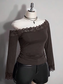 SHEIN ICON 女款大尺碼蕾絲拼接不對稱肩長袖T恤 秋季 - 咖啡棕 - 查看 10