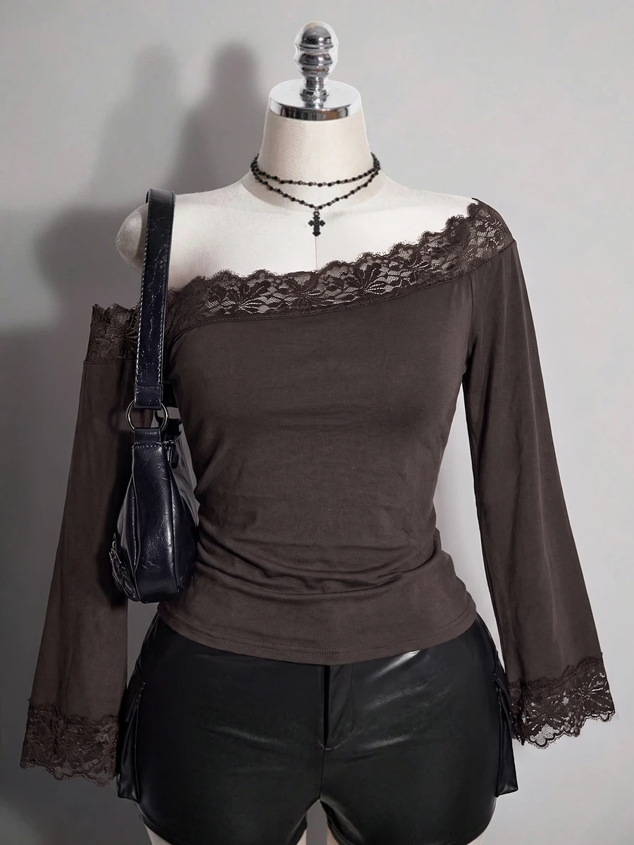 SHEIN ICON Women's Plus Size Lace Patchwork Asymmetrical Shoulder Long Sleeve T-Shirt Fall - Coffee Brown - View 1
