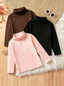 SHEIN 女童高領針織內搭衫，柔軟舒適面料，腮紅粉色，冬季，正式，返校季，經典保暖層搭休閒上衣 - 彩色 - 查看 1