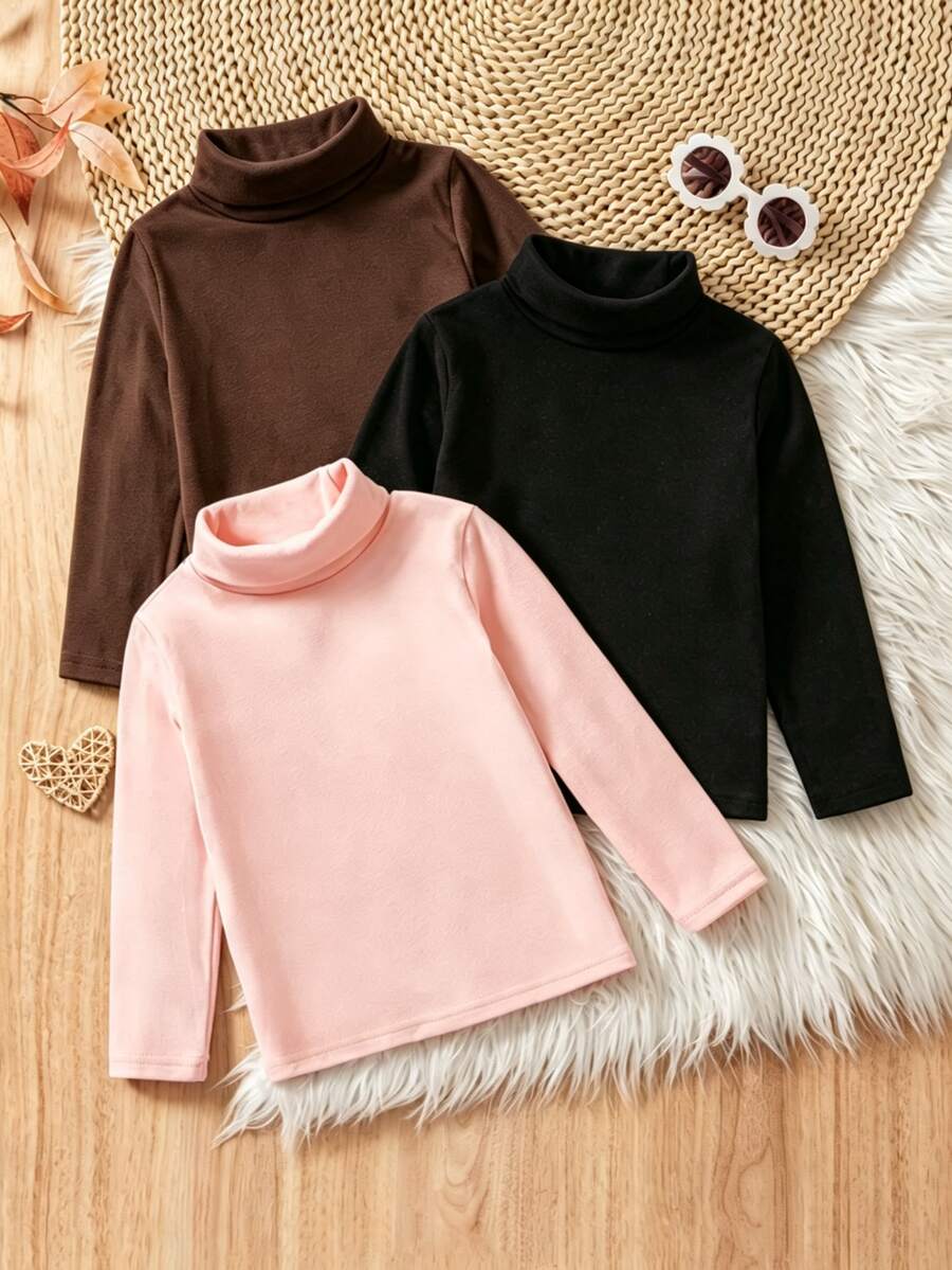 SHEIN 女童高領針織內搭衫,柔軟舒適面料,腮紅粉色,冬季,正式,返校季,經典保暖層搭休閒上衣 - 彩色 - 查看 1