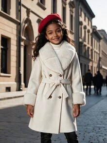 SHEIN Tween Girl Long Sleeve Fleece Autumn Vintage Elegant Modest Versatile Button Fur Trim Collar Overcoat, Holiday, School Formal Camel Winter - Apricot - View 4