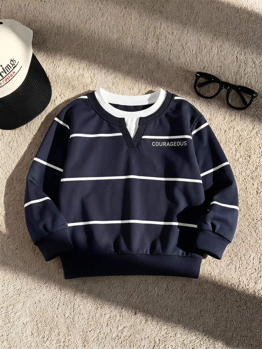 SHEIN Young Boys' Casual Letter Print Colorblock Round Neck Sweatshirt, Suitable For Fall/ Birthday Christening White - Black and White - View 1