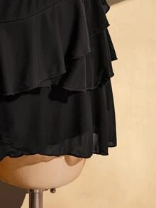 SHEIN ICON 女款大尺碼黑色荷葉邊下擺裙 約會之夜 外出 海灘派對 晚宴 秋季 優雅性感 芭蕾舞裙風 Modchic - 黑色 - 查看 9
