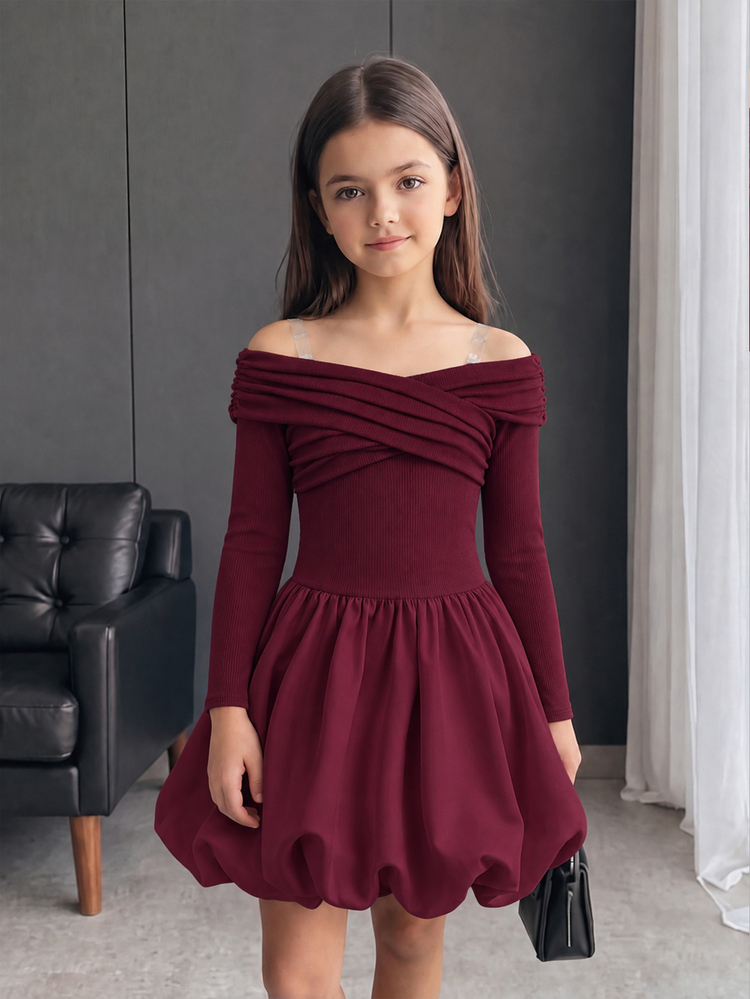SHEIN Tween Girls Simple Lantern Hem Daily Elegant Off-Shoulder Long Sleeve Party Dress - Burgundy - View 6