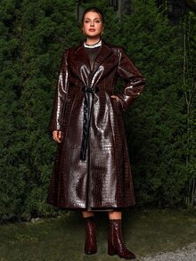 VOLUPTÉ CURVE Women's Long Leather Trench Coat, Cinched Waist, Professional French Style, Office Work, Autumn Winter, Plus Size - Coffee Brown - View 5