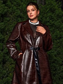 VOLUPTÉ CURVE Women's Long Leather Trench Coat, Cinched Waist, Professional French Style, Office Work, Autumn Winter, Plus Size - Coffee Brown - View 7