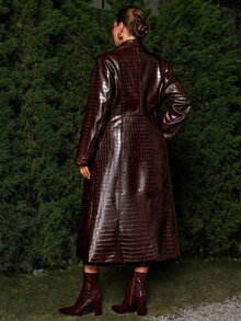 VOLUPTÉ CURVE Women's Long Leather Trench Coat, Cinched Waist, Professional French Style, Office Work, Autumn Winter, Plus Size - Coffee Brown - View 4