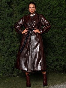 VOLUPTÉ CURVE Women's Long Leather Trench Coat, Cinched Waist, Professional French Style, Office Work, Autumn Winter, Plus Size - Coffee Brown - View 3