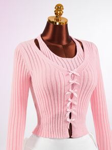 Mistrie Pink Bowknot Knit Cardigan,Lace Up Cropped Sweater,Coquette Girl Y2K Outfit,Balletcore Clothing. - Pink - View 7