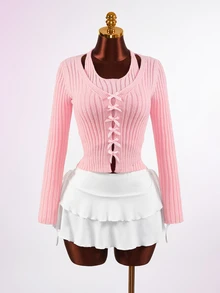 Mistrie Pink Bowknot Knit Cardigan,Lace Up Cropped Sweater,Coquette Girl Y2K Outfit,Balletcore Clothing. - Pink - View 6