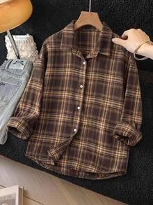 青少年女孩簡約格紋長袖領口襯衫 - 彩色 - 查看 7