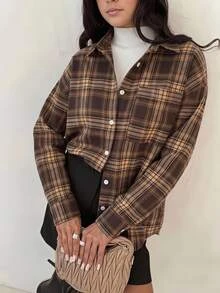 青少年女孩簡約格紋長袖領口襯衫 - 彩色 - 查看 4