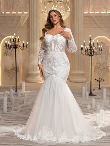Glamrae فستان زفاف بمقاس كبير بياقة قلب وأكمام طويلة وذيل حورية البحر وذيل رومانسي - أبيض - مشاهدة 9