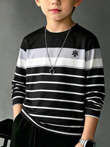 SHEIN Boys' Casual Cute Colorblock Crew Neck Long Sleeve Pocket T-Shirt School Black And White Striped Fall - Black - View 1