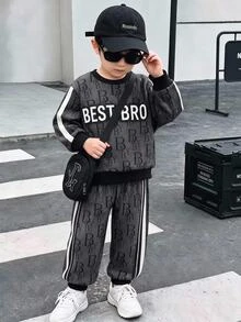 SHEIN 2pcs/Set Boys Casual Sports College Style Streetwear English All-Over Print Sweatshirt + Long Pants, Suitable For School, Outings, Birthdays And Other Occasions, Suitable For Multiple Seasons - Grey - View 1