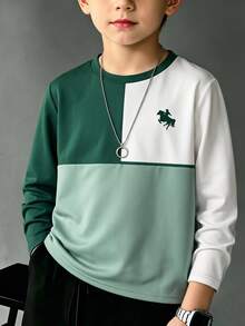 SHEIN Boys' Casual Cute Colorblock Crew Neck Long Sleeve Pocket T-Shirt School Dark Green Fall - Dark Green - View 1