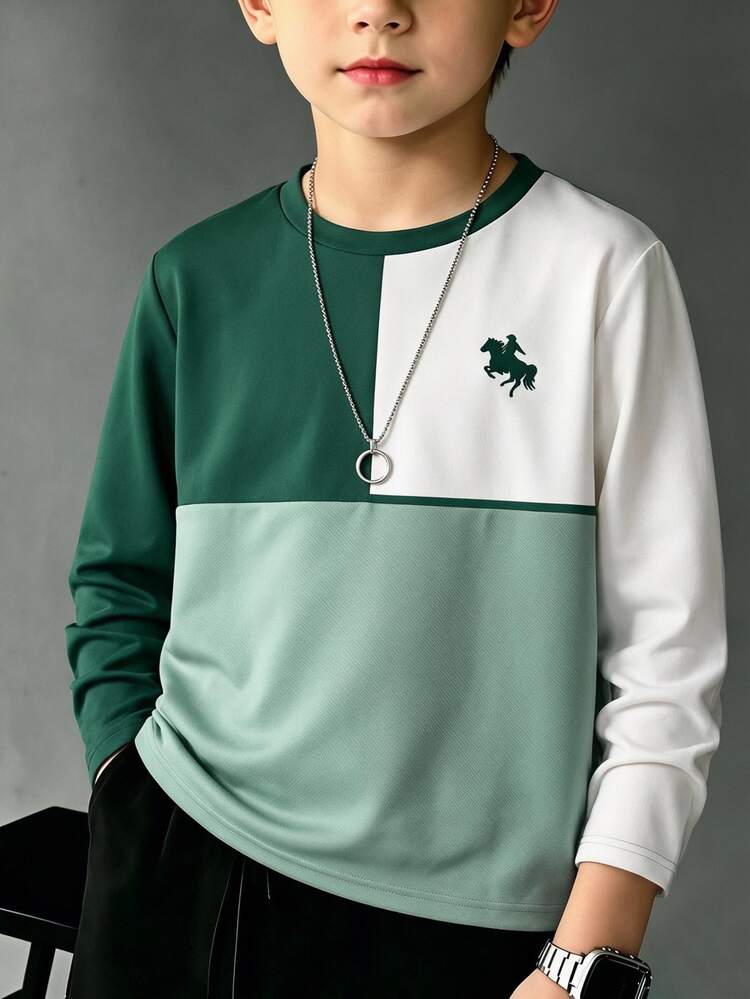SHEIN Boys' Casual Cute Colorblock Crew Neck Long Sleeve Pocket T-Shirt School Dark Green Fall - Dark Green - View 1