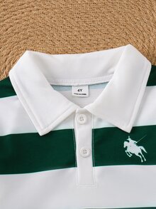 SHEIN Boys Casual Cowboy White Print Polo Collar Long Sleeve Sweatshirt, Collegiate Style Shirt, Cute Design Half-Button Top, Suitable For Fall, Birthday - Green - View 4