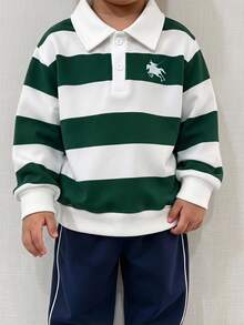 SHEIN Boys Casual Cowboy White Print Polo Collar Long Sleeve Sweatshirt, Collegiate Style Shirt, Cute Design Half-Button Top, Suitable For Fall, Birthday - Green - View 1