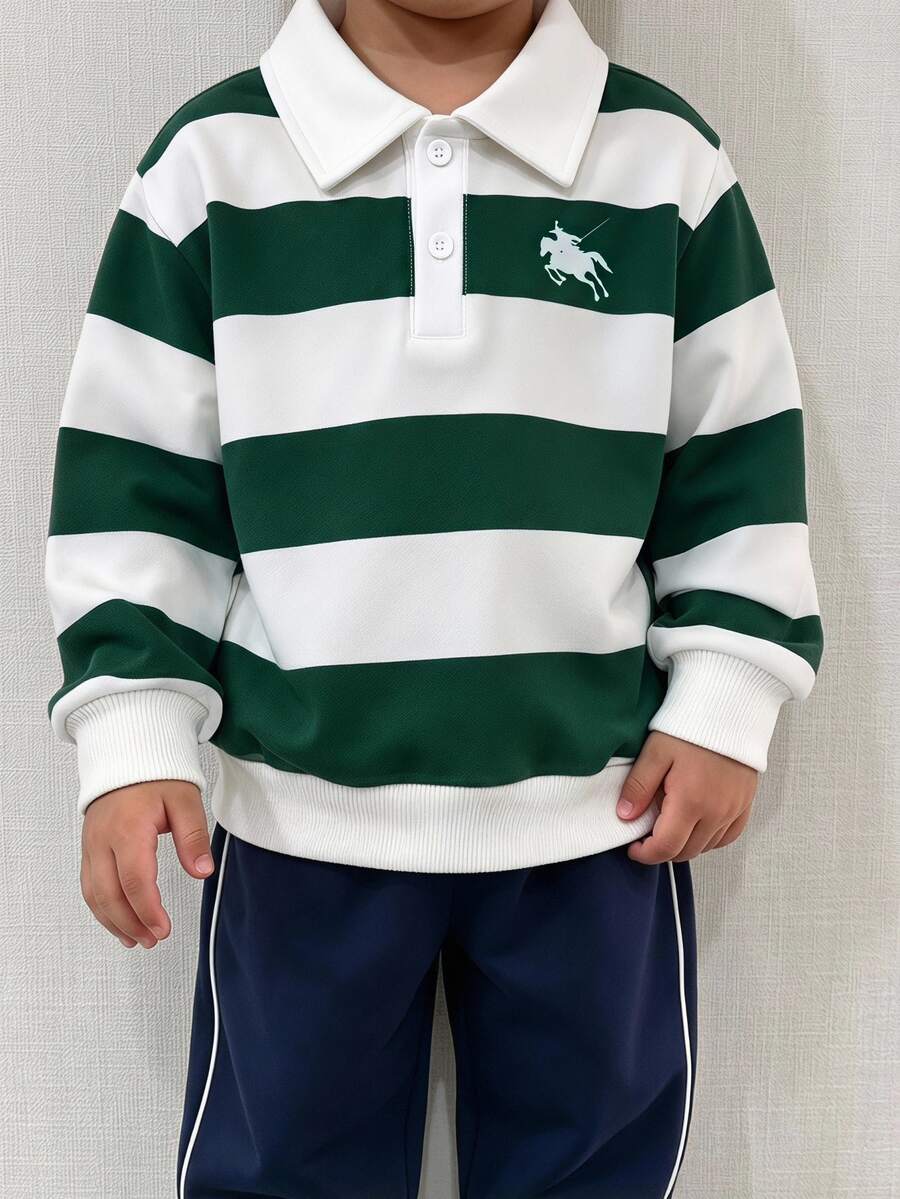 SHEIN Boys Casual Cowboy White Print Polo Collar Long Sleeve Sweatshirt, Collegiate Style Shirt, Cute Design Half-Button Top, Suitable For Fall, Birthday - Green - View 1