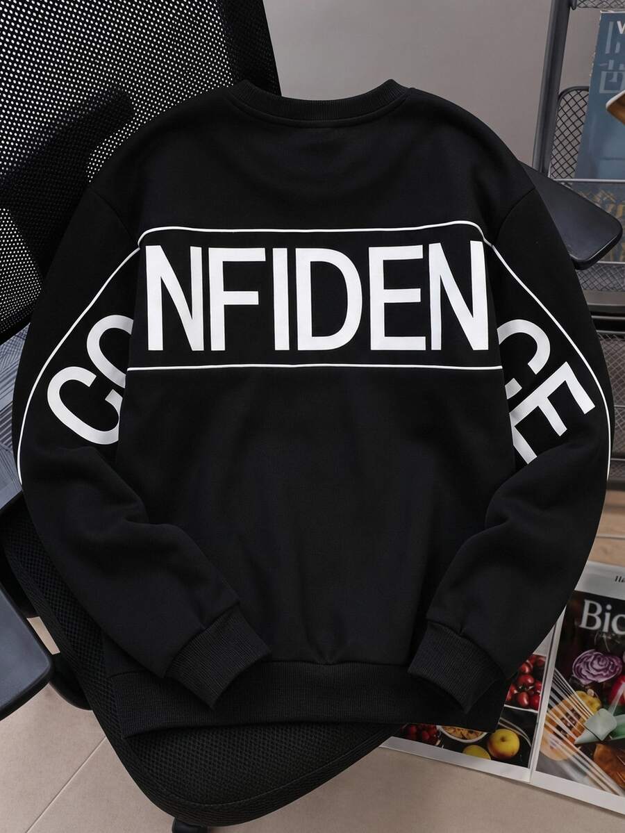 SHEIN Coolqubz Teen Boys Minimalist Streetwear Cute Teen High Street Style Pullover Crew Neck Sweatshirt, Large Back Print Design, Contrast Trim, Fall, Beach Black - Black - View 1