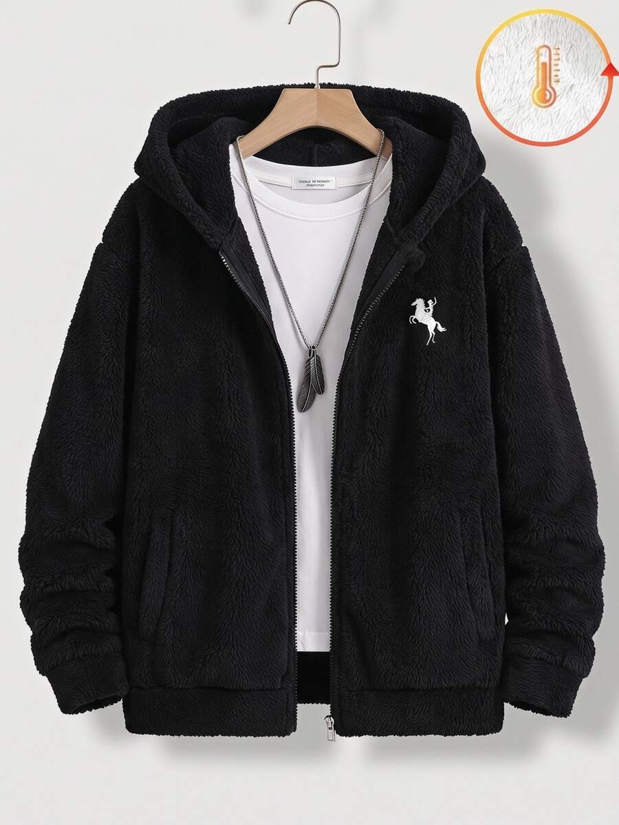 SHEIN Boys' Autumn Thermal Lined Long Sleeve Hooded Jacket, Black Colorblock Hooded Fleece Baseball Jacket - Black - View 1