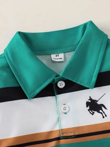 SHEIN Explorewe 男童淺藍色對比領針織休閒牛仔寬鬆復古美式長袖 Polo 衫，適合學校日常秋季穿著與生日 - 彩色 - 查看 4